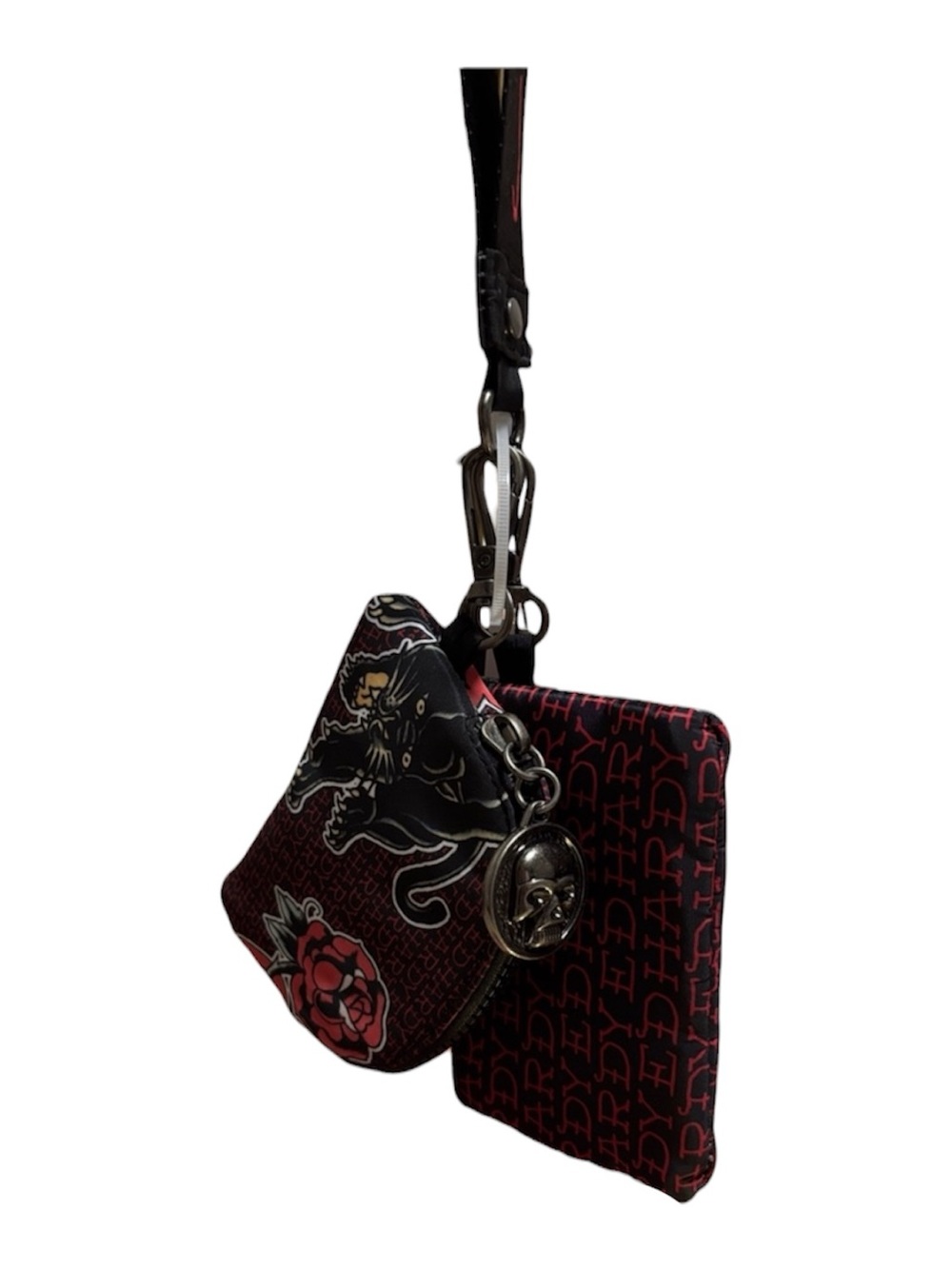Ed Hardy Black & Red Panther Wristlet Keychain with Rose Motif